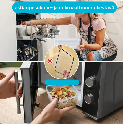 Kotitalouden läpinäkyvä muovinen elintarvikkeiden säilytysrasia – sisältää valutuskorin